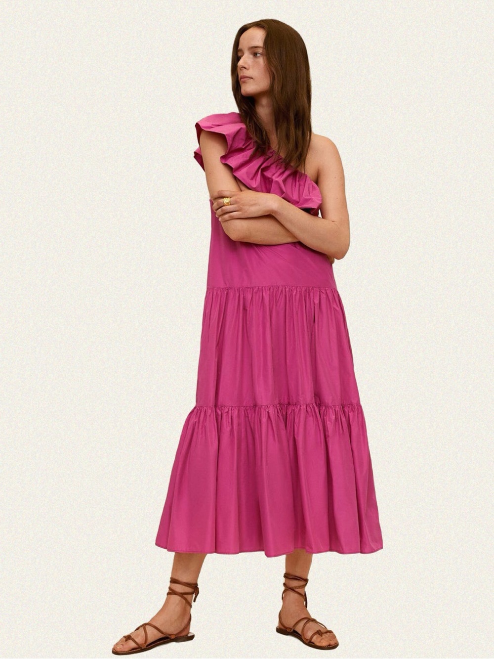 One-Shoulder Ruffle Tiered Dress in Fuchsia